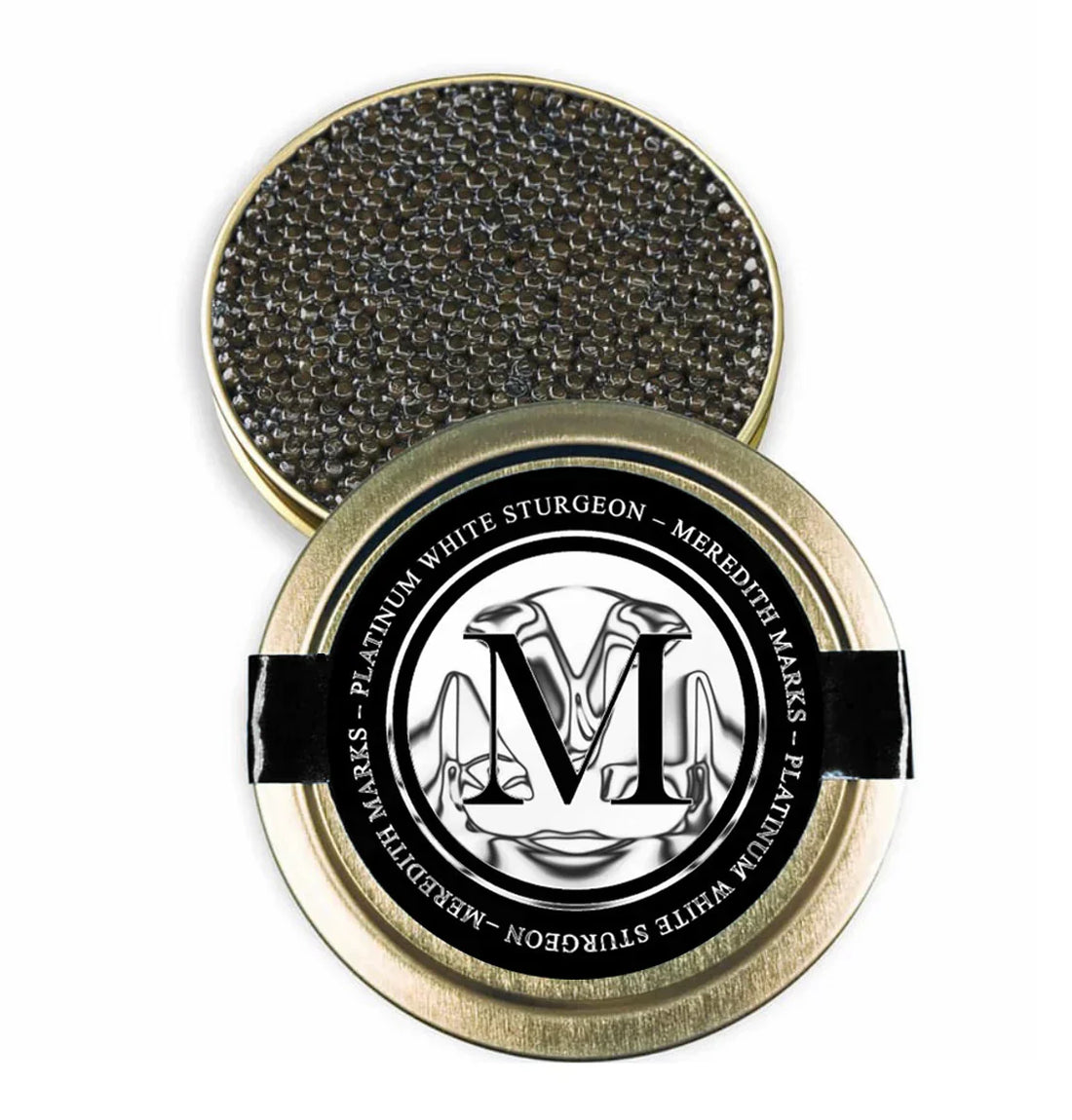 A tin of shiny black pearls of Meredith Marks Platinum White Sturgeon caviar.