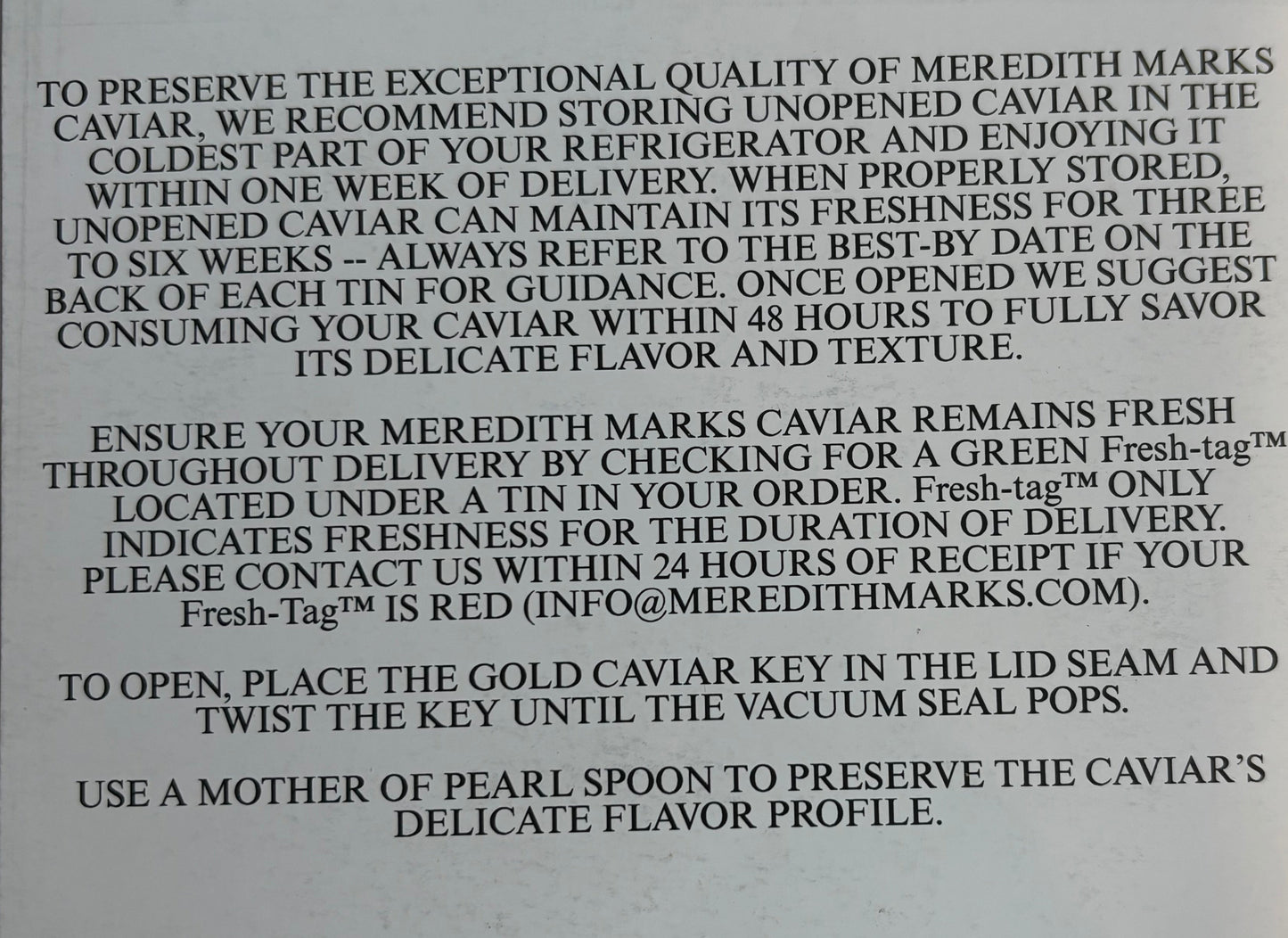 Meredith Marks Caviar Order Info Card