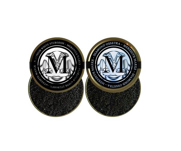 Sapphire Sevruga and Diamond Ossetra caviar duo in elegant packaging, showcasing luxury.